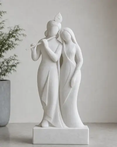 Handcrafted Vietnam White Marble Contemporary Radha Krishna Jugal Jodi, 30-inch
