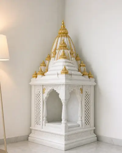Handcrafted Vietnam White Marble Corner Mandir with Gold-Leaf Shikhar, 48in