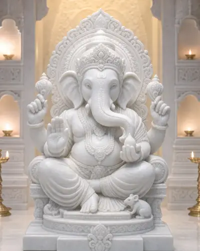 Vietnam White Marble Dagdusheth Ganpati with Gold-Leaf on Singhasan, 30 in
