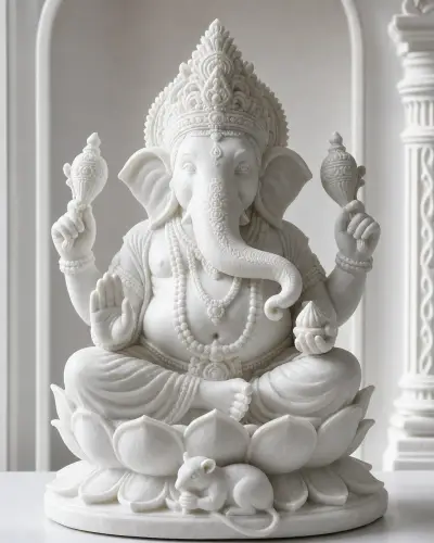 Vietnam White Marble Dagdusheth Ganpati on Lotus Pedestal, 15 in