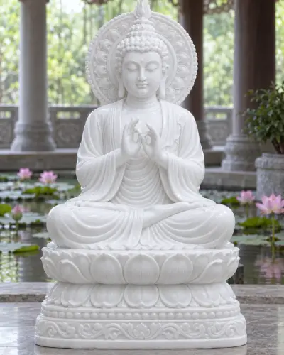 Vietnam White Marble Dharmachakra Buddha for a Temple Pond, 3 Feet