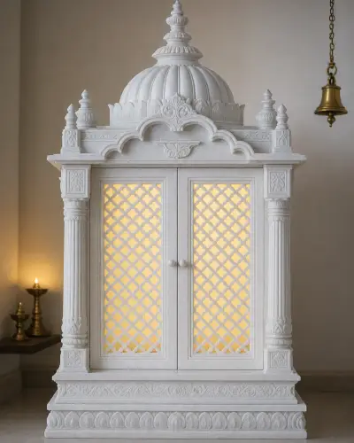 Handcrafted Vietnam White Marble Double-Door Jali Home Mandir with Backlit Rear Panel, 42in