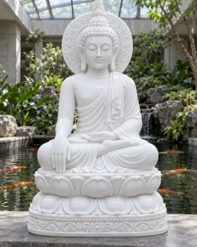 Vietnam White Marble Earth-Touching Buddha for an Indoor Koi Pond, 3 Feet