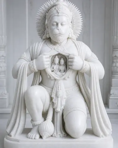 Vietnam White Marble Hanuman Hridaya Darshan Statue (Ram-Sita in Heart), 30 in