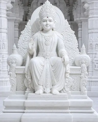 Handcrafted Vietnam White Marble Harikrishna Maharaj Throne Murti, 48in