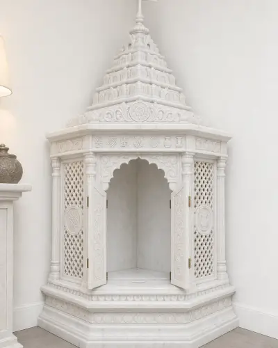 Vietnam White Marble Jain Corner Derasar with Jali Walls — 51 in