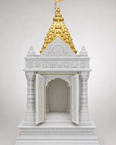Vietnam White Marble Jain Derasar with Gold-Leaf Shikhar — 30 in