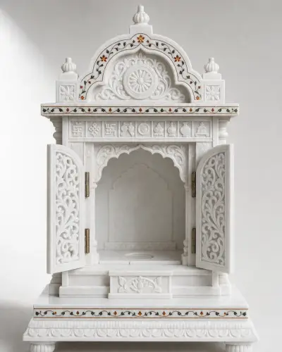 Vietnam White Marble Jain Tabletop Derasar with Toran Arch — 18 in