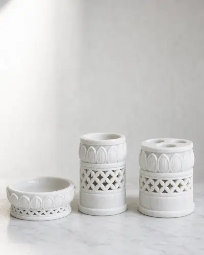 Vietnam White Marble Jali Bath Set of Three, 6in