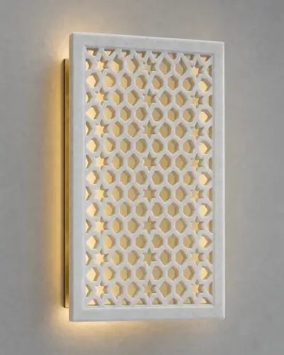 Vietnam White Marble Jali Wall Sconce with Brass Backplate, 12in