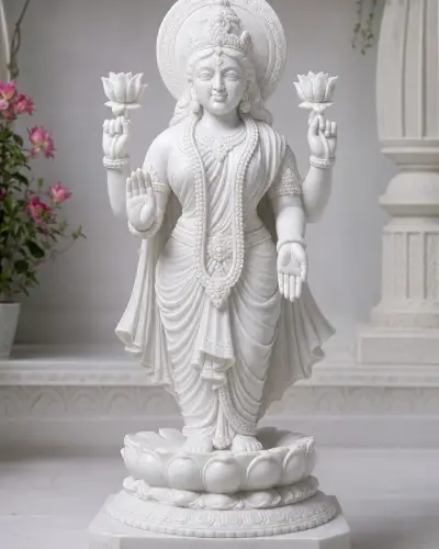 Vietnam White Marble Kamala Lakshmi Statue with Lotuses, 30 Inch