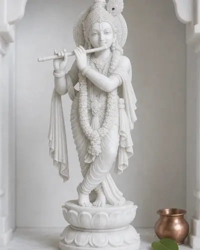 Handcrafted Vietnam White Marble Khatu Shyam Ji Murli Form Murti, 12in