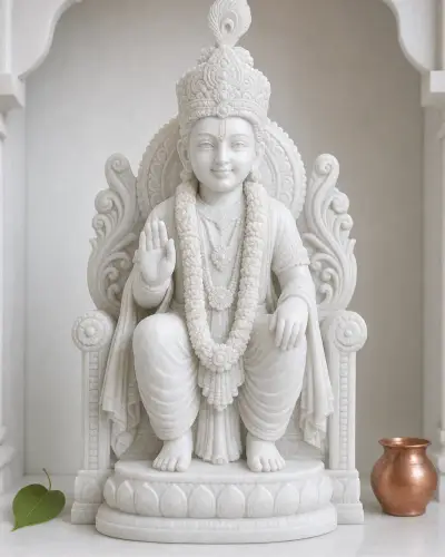 Handcrafted Vietnam White Marble Khatu Shyam Ji Seated Singhasan Murti, 18in