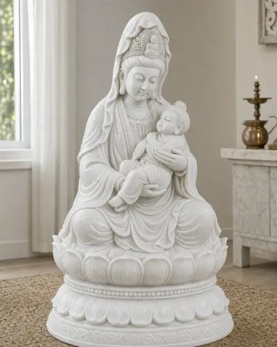 Vietnam White Marble Kuan Yin Holding a Child (Songzi Guanyin), 36in