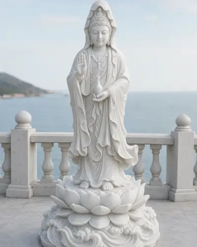 Vietnam White Marble Kuan Yin on a Lotus over Ocean Waves, 48in