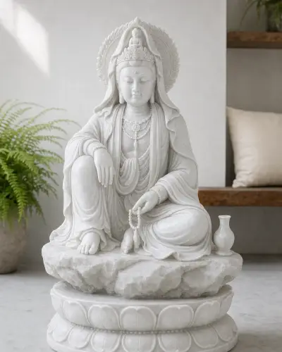 Vietnam White Marble Kuan Yin Seated at Royal Ease on a Rock, 36in