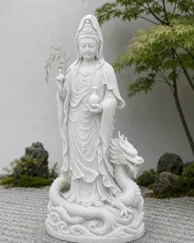 Vietnam White Marble Kuan Yin Standing on a Dragon, 36in