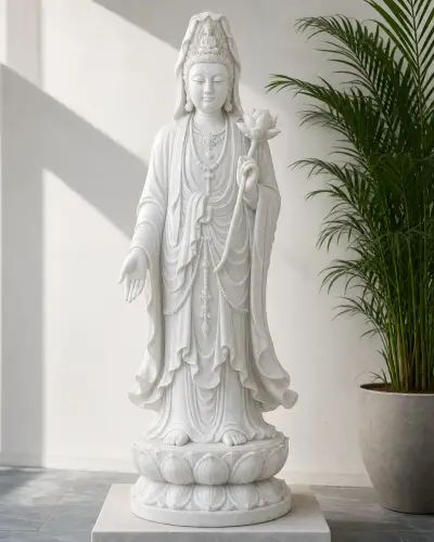 Vietnam White Marble Kuan Yin Statue Holding a Lotus Flower, 36in