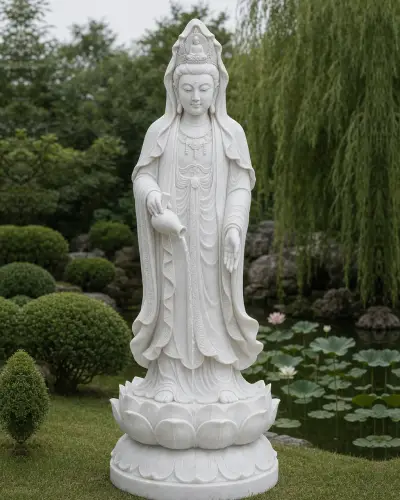 Vietnam White Marble Kuan Yin Statue Pouring Her Vase on a Lotus, 60in