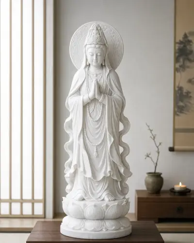 Vietnam White Marble Kuan Yin Statue in Prayer with Halo, 36in