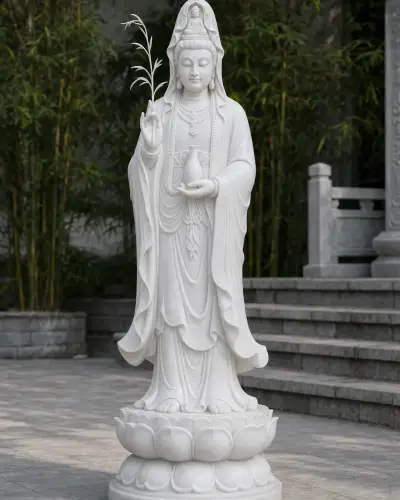 Vietnam White Marble Kuan Yin Statue with Willow Branch and Vase, 48in