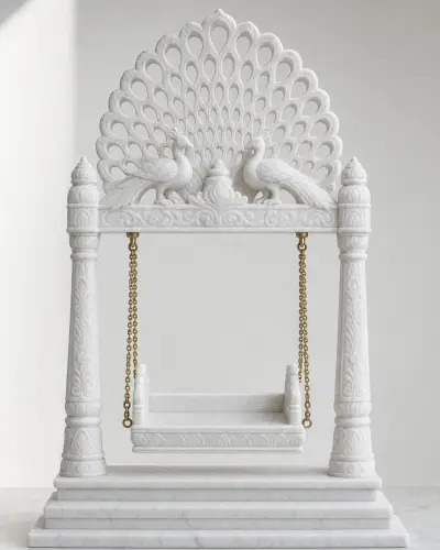 Vietnam White Marble Peacock Jhula with Pierced Canopy, 16 in