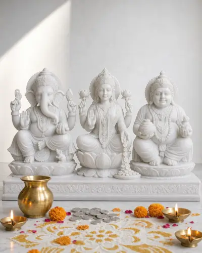 Vietnam White Marble Lakshmi Ganesh Kuber Murti Set for Dhanteras, 15 in