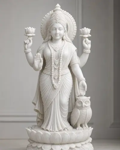 Vietnam White Marble Lakshmi with Owl Vahana Statue, 24 Inch