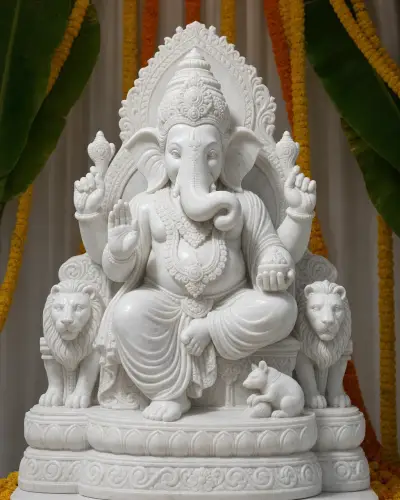 Vietnam White Marble Lalbaugcha Raja on Festival Mandap Base, 3 ft