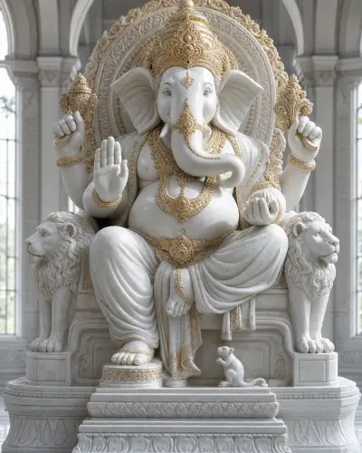 Vietnam White Marble Lalbaugcha Raja on Grand Throne with Gold Leaf, 5 ft