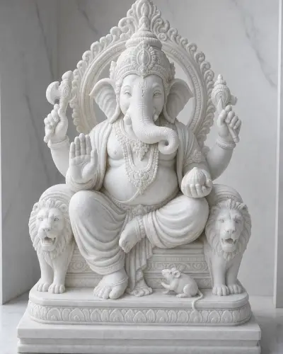 Vietnam White Marble Lalbaugcha Raja on Lion Throne, 15 in