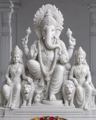 Vietnam White Marble Lalbaugcha Raja with Riddhi-Siddhi, 30 in