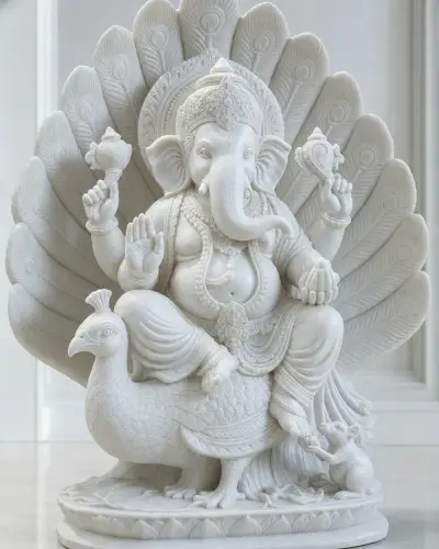 Handcrafted Vietnam White Marble Mayuresha Ganesh on Peacock, 24in