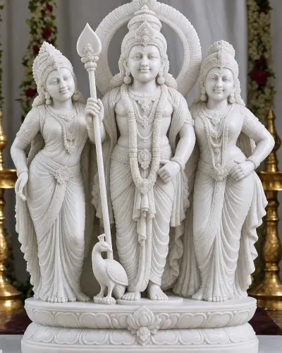 Handcrafted Vietnam White Marble Murugan with Valli and Deivanai Statue, 2ft