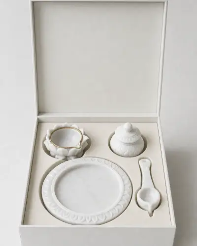 Vietnam White Marble Pooja Gift Box Set, 9in