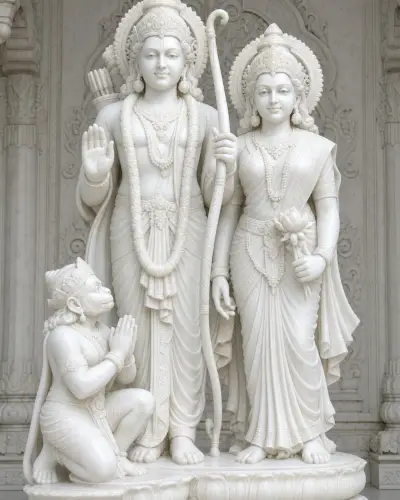 Handcrafted Vietnam White Marble Ram-Sita with Kneeling Hanuman, 3.5ft