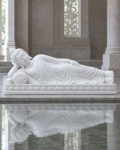 Vietnam White Marble Reclining Buddha for a Reflecting Pool, 5 Feet Long