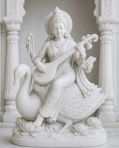 Vietnam White Marble Saraswati Seated on Her Swan, 30in