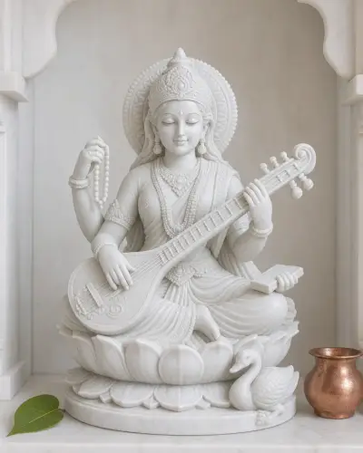 Vietnam White Marble Saraswati Statue on a Lotus with Her Swan, 24in