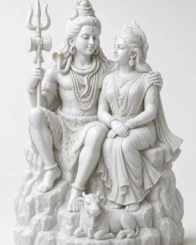 Handcrafted Vietnam White Marble Shiva-Parvati Pair on Kailash, 24in