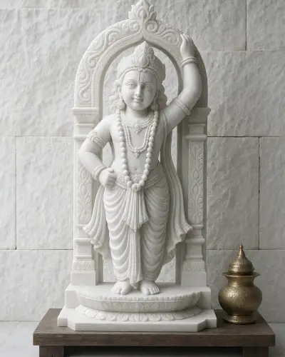 Vietnam White Marble Shrinathji Murti with Carved Vagha, 21 in