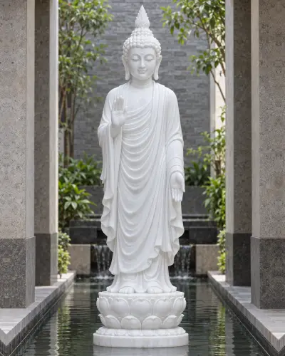 Vietnam White Marble Standing Buddha for an Indoor Pool Courtyard, 5 Feet
