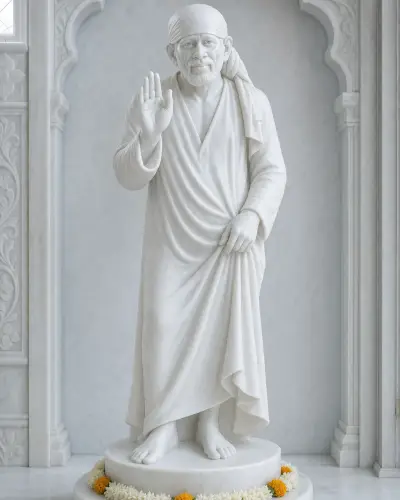 Vietnam White Marble Standing Sai Baba with Raised Hand, 36 in