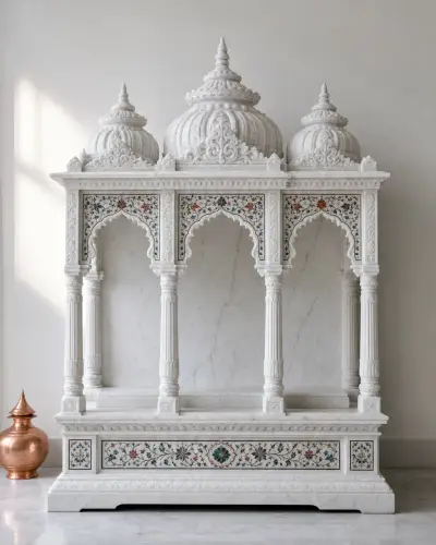 Handcrafted Vietnam White Marble Triple-Dome Floor Mandir with Inlay Borders, 60in