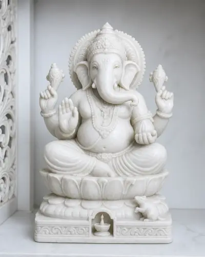 Vietnam White Marble Varadvinayak of Mahad with Lotus Pedestal and Lamp Niche, 15 in