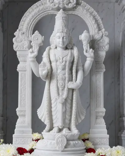 Handcrafted Vietnam White Marble Venkateswara Statue with Prabhavali Arch, 2ft