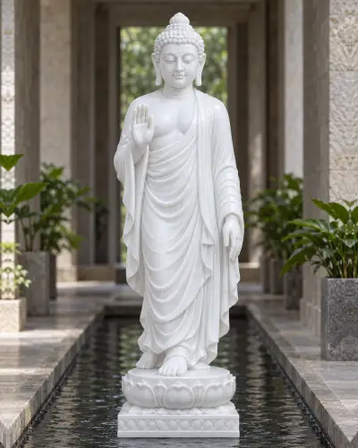 Vietnam White Marble Walking Buddha for an Indoor Water Channel, 4 Feet