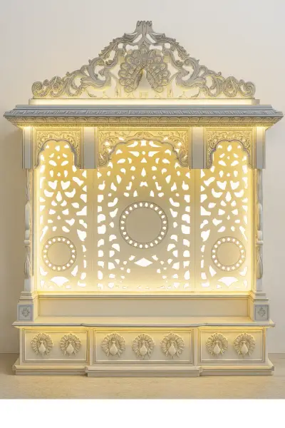 White Marble Temple with Peacock Carving & Backlit Jali Panel
