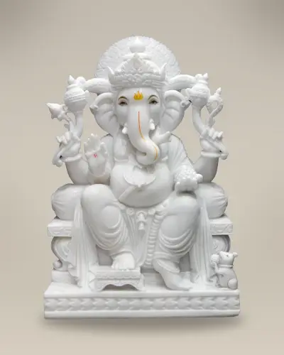 Handcrafted Vietnam White Marble Ganesha on Throne with Prabhavali, 36in