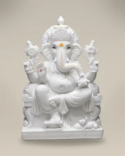 Handcrafted Vietnam White Marble Ganesha on Throne with Chakra and Shankh, 30in